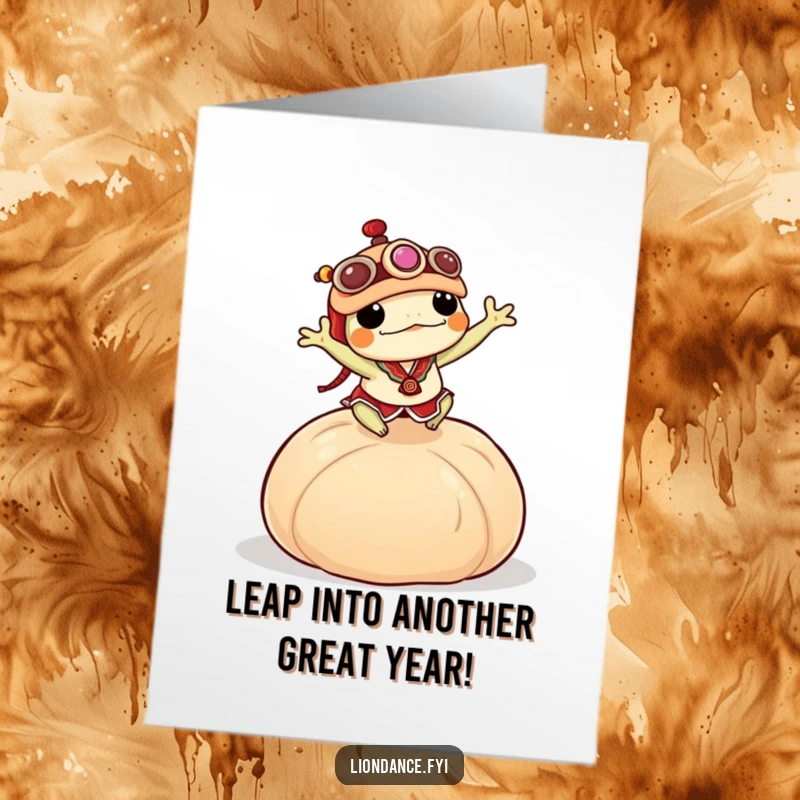 Funny Free Printable Birthday Card: Tiny frog in lion costume leaps over huge dumpling.