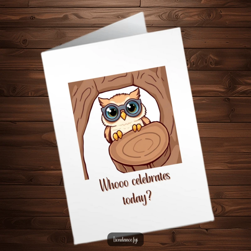 Funny Free Printable Birthday Card: A cute owl with large binoculars comically peering into a dark, mysterious hollow log.