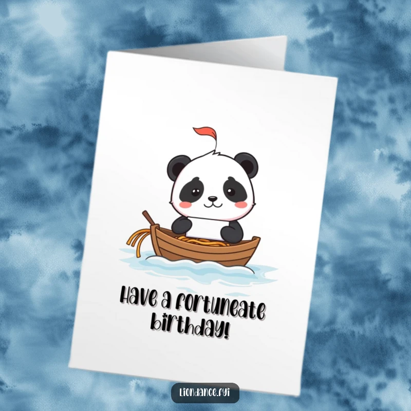 Funny Free Printable Birthday Card: Mischievous panda sails on a fortune cookie boat on a noodle ocean.