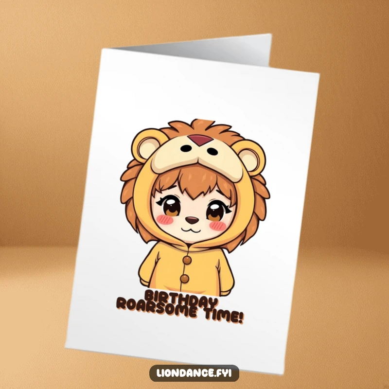 Funny Free Printable Birthday Card: Curious character peeks through a lion costume's eyes, hinting at birthday surprises.