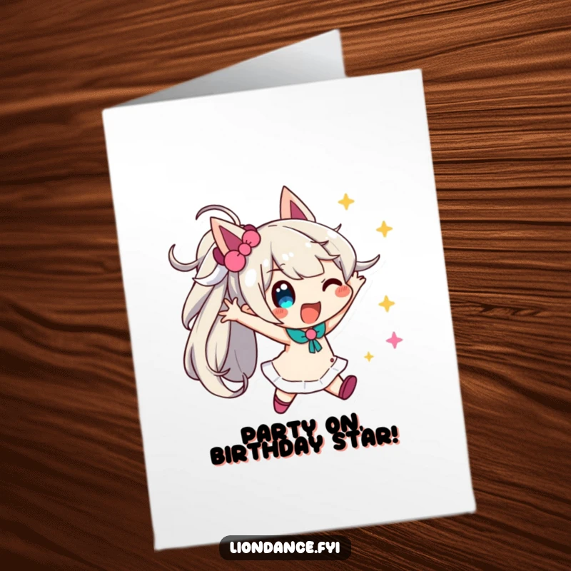 Funny Free Printable Birthday Card: Playful character striking a dynamic pose, surrounded by festive, fluttering streamers.