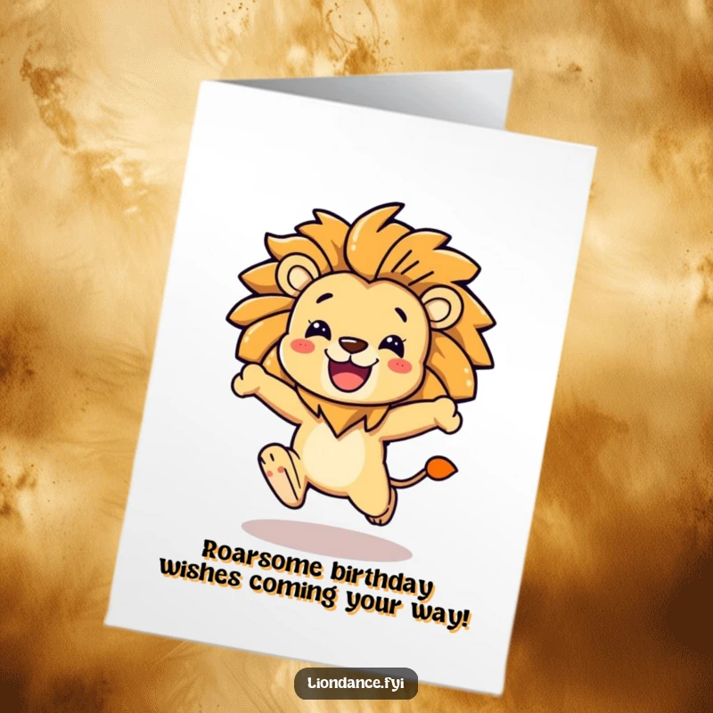Funny Free Printable Birthday Card: A joyful character leaping forward, sporting a magnificent, stylized lion mane.