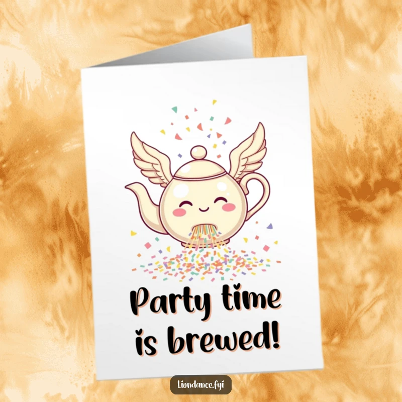 Funny Free Printable Birthday Card: A cheerful winged teapot pouring confetti, a festive and downloadable gift.