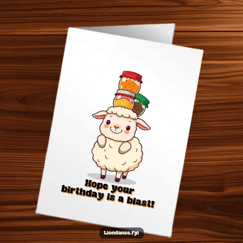 Funny Free Printable Birthday Card: Fluffy sheep precariously balances colorful spice jars on its head.