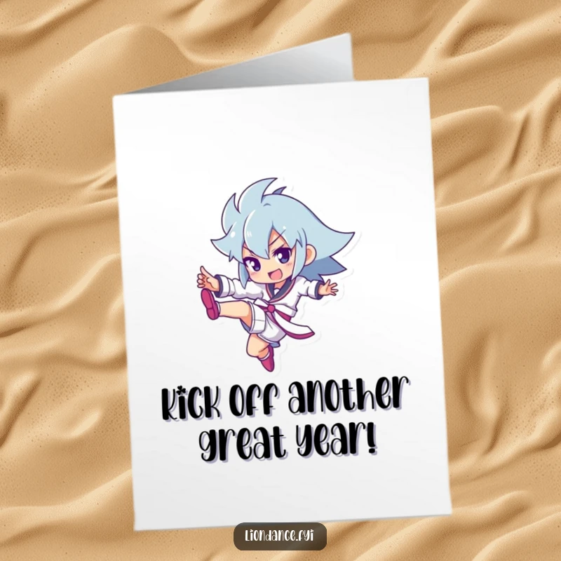 Funny Free Printable Birthday Card showing a character mid-kick with a beaming smile, conveying energetic joy and a playful athletic spirit.