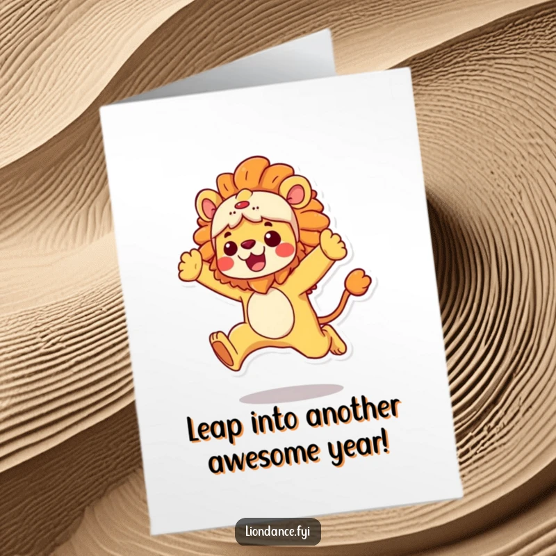 Funny Free Printable Birthday Card: A character in a vibrant lion costume performing an enthusiastic, joyful leap.