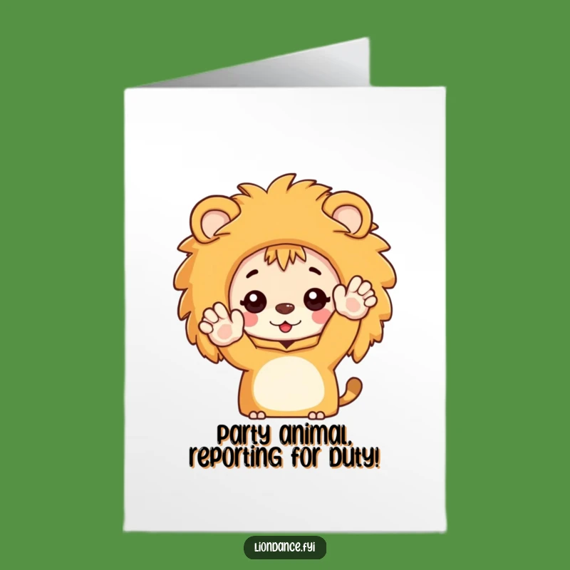 Free Printable Birthday Card: Lion Costume Character Waving, Funny Downloadable Gift for Celebrations