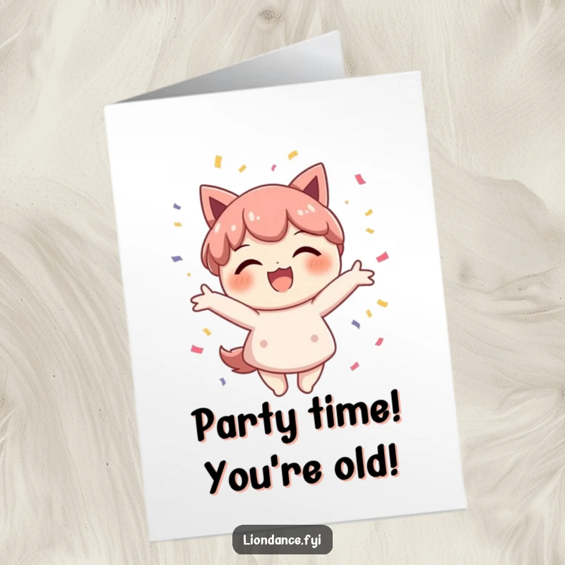 Funny Free Printable Birthday Card: Delighted character scatters colorful confetti with a huge smile, embodying pure birthday excitement.