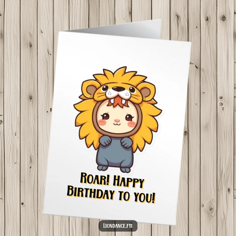 Funny Free Printable Birthday Card: A small character peeking out from a colourful, friendly lion head costume.