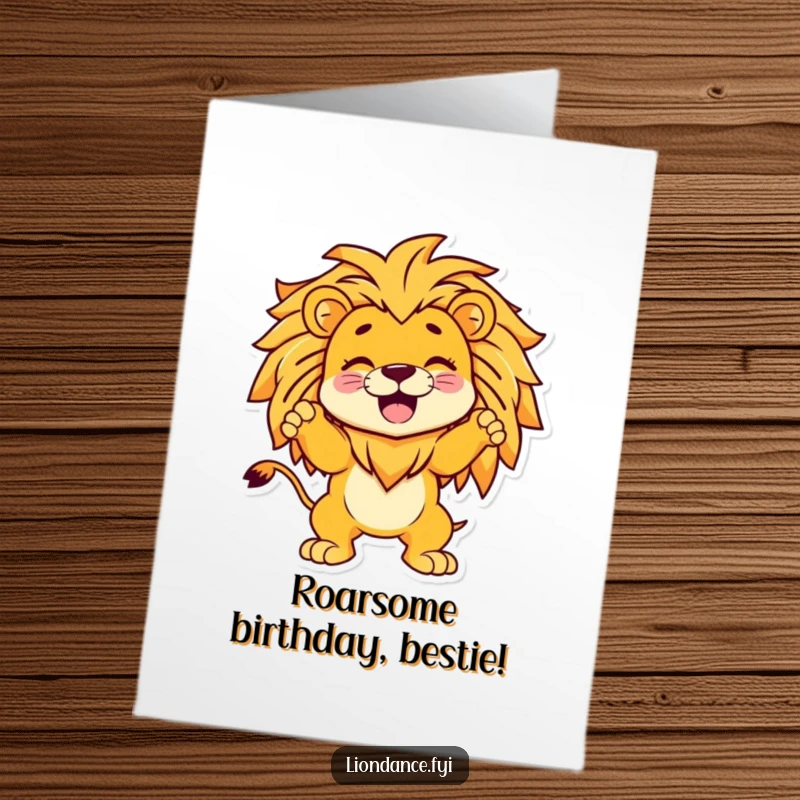 Funny Free Printable Birthday Card: Giggling character poses impressively inside a laughing lion design, ready to celebrate.