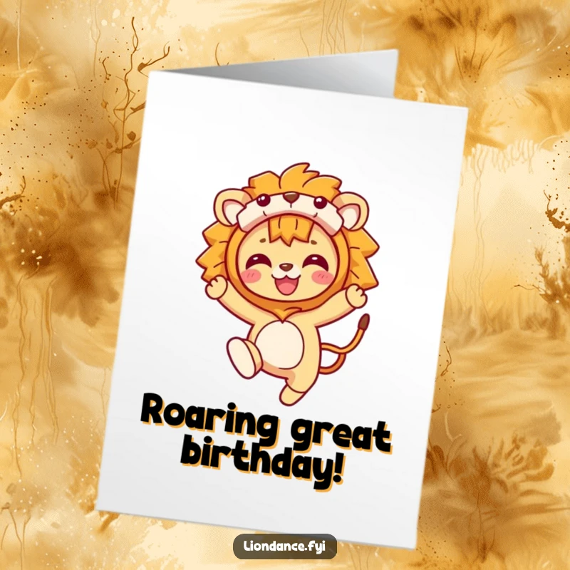 Funny Free Printable Birthday Card: A person in a playful lion costume jumping energetically, celebrating a birthday with wild abandon.