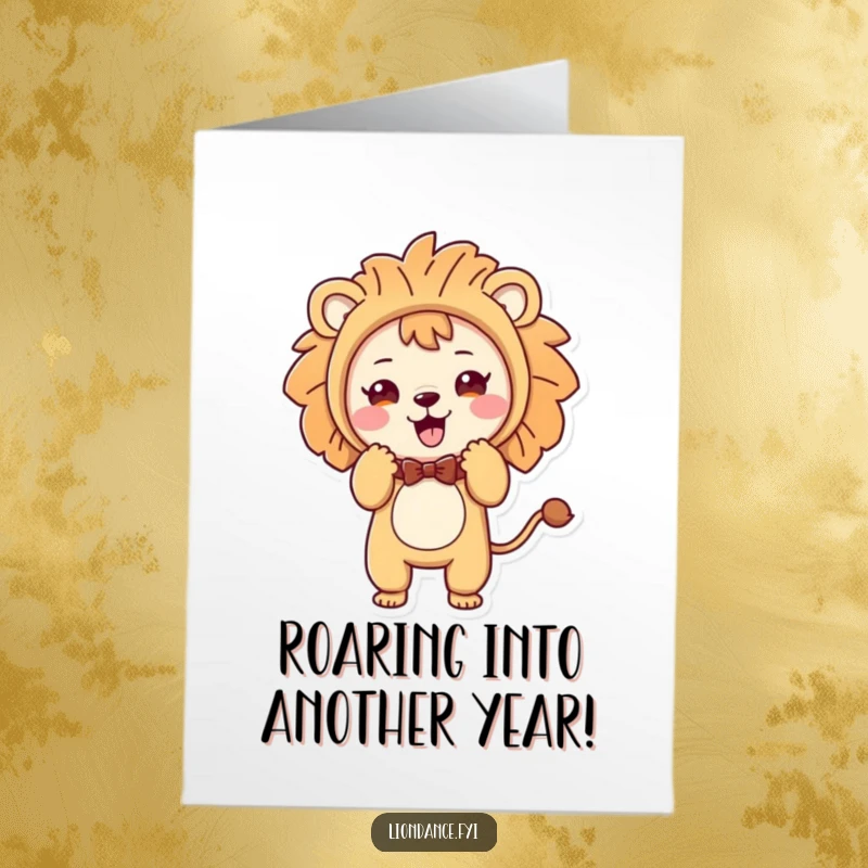 Funny Free Printable Birthday Card: Cute character in a lion costume taking a hilarious, playful bow, ready to celebrate.
