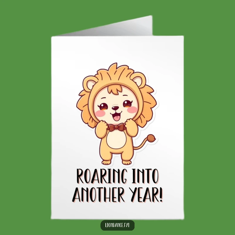 Free Printable Birthday Card: Cute Lion Costume Character Playful Bow Funny Downloadable Gift