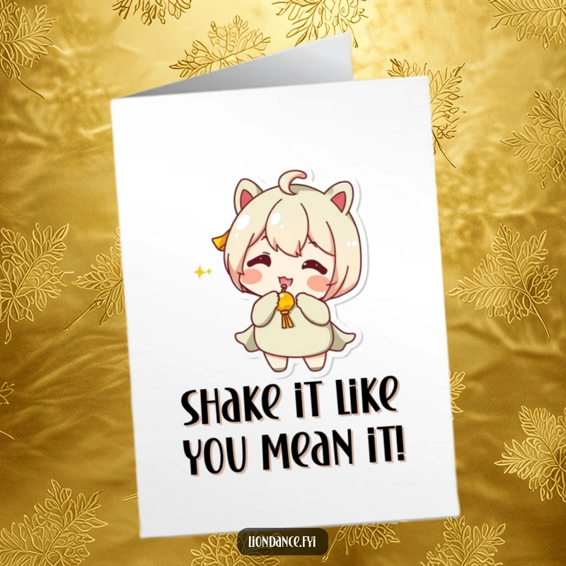 Funny free printable birthday card of a jester character playfully jingling a small toy, ready to bring laughs.