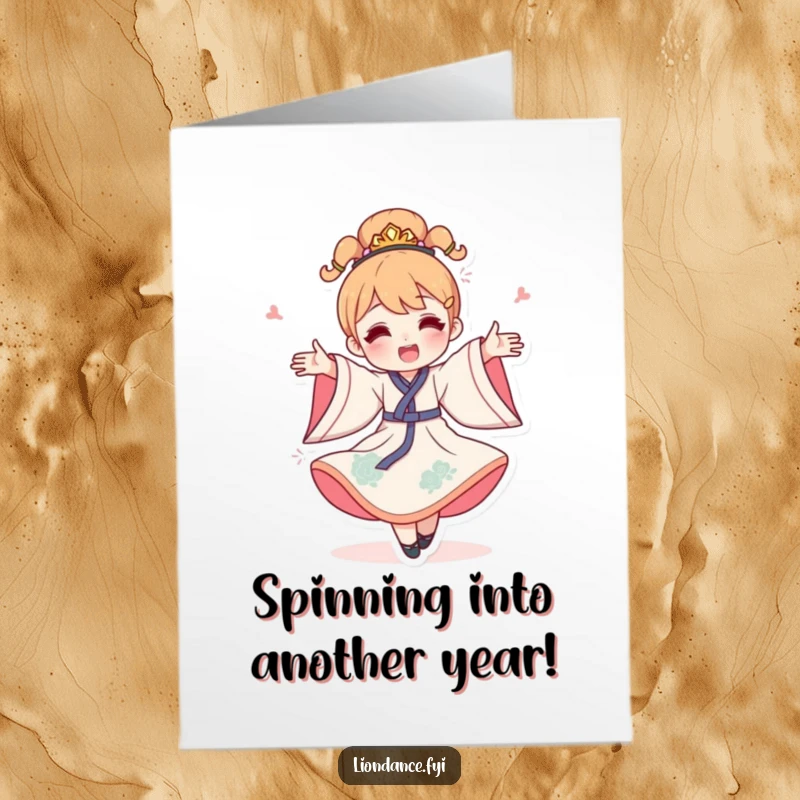 Funny Free Printable Birthday Card: Happy character in a bright, flowing costume doing a joyous celebratory spin.