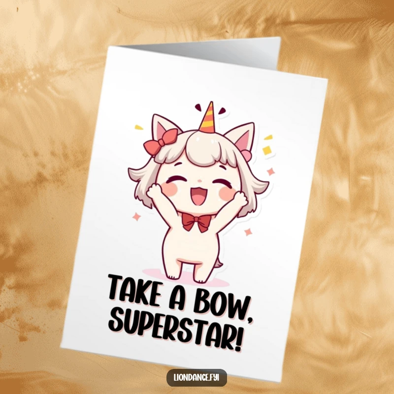 Funny Free Printable Birthday Card: A delighted character performing a charming, whimsical bow with celebratory flair.