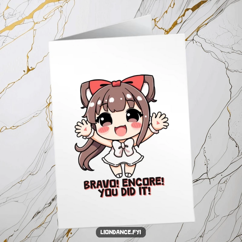 Funny free printable congratulations card of a character doing a dramatic and joyful exaggerated bow to celebrate.