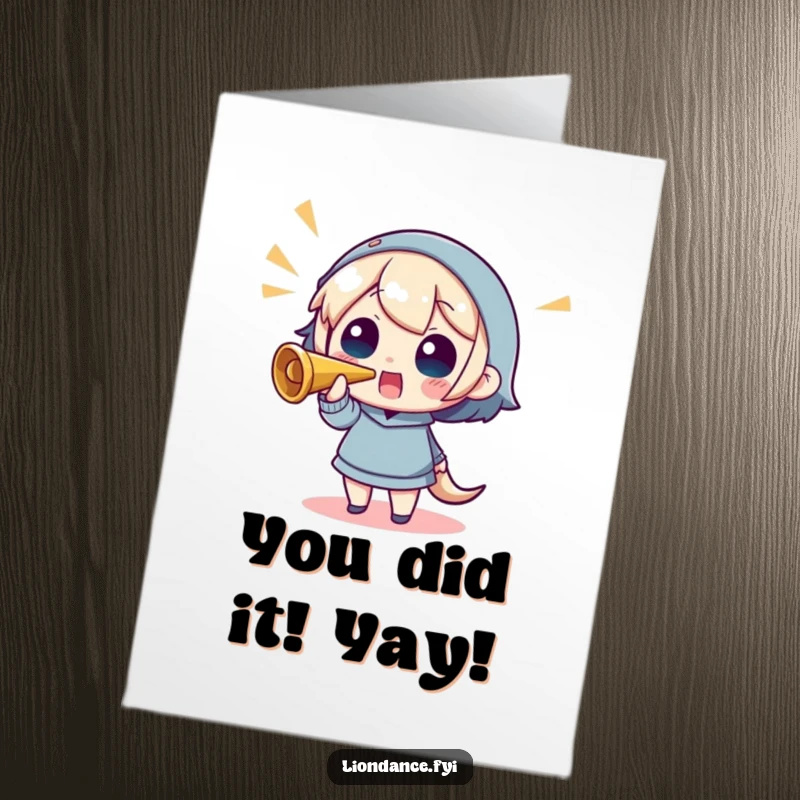 Funny Free Printable Congratulations Card with a character blasting a horn, signifying a joyous and exciting achievement for the recipient.