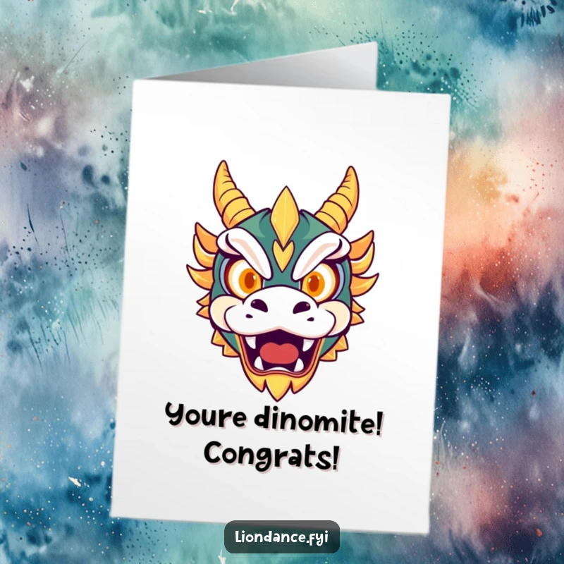 Free Printable Congratulations Card: A cute dragon mask with glowing eyes playfully roars, celebrating a fantastic achievement.