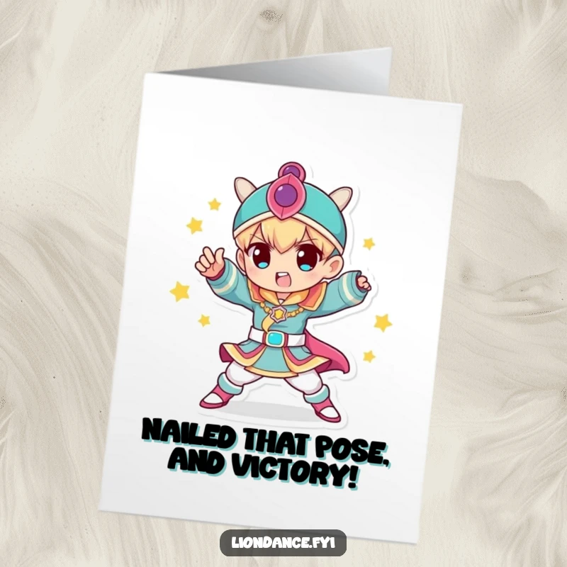 Funny Free Printable Congratulations Card: A character in a colorful costume striking a powerful and celebratory dynamic pose.