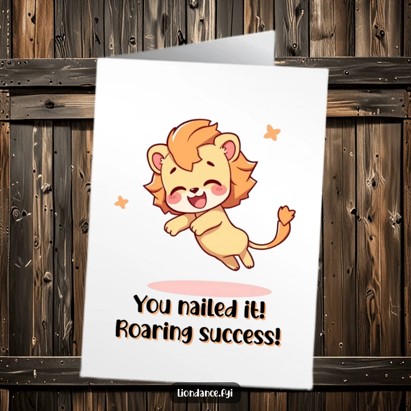 Funny Free Printable Congratulations Card: Character joyfully tumbles, a flowing lion tail symbolizing exciting news and celebrations.