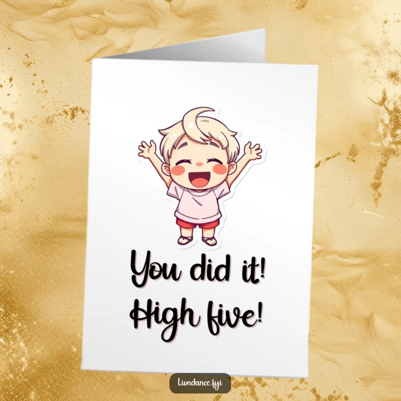 Funny Free Printable Congratulations Card: Delighted child raising fists in the air, celebrating a big win.