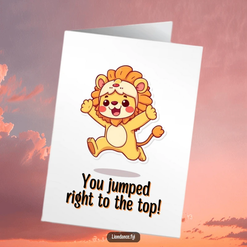Funny Free Printable Congratulations Card: A character in a vibrant lion costume in a powerful, celebratory leap.