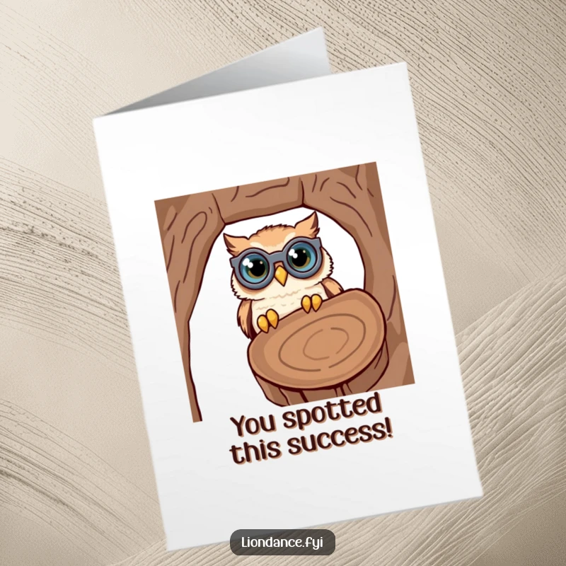 Funny Free Printable Congrats Card: A cute owl using oversized binoculars to comically spy into a hollow log.