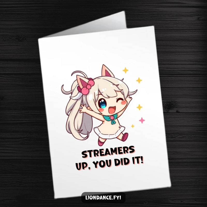 Funny Free Printable Congratulations Card: Playful character in a dynamic pose amidst a shower of colorful, celebratory streamers.