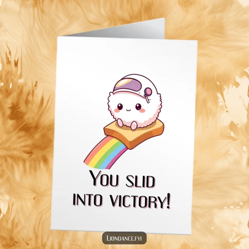 Funny Free Printable Congratulations Card: Fluffy creature in a helmet slides down a rainbow on toast, celebrating success with gusto.