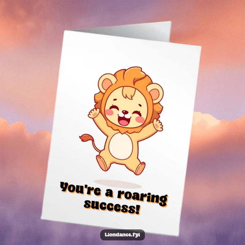 Funny Free Printable Congratulations Card with a cute character in a lion costume leaping joyfully, a triumphant downloadable gift.