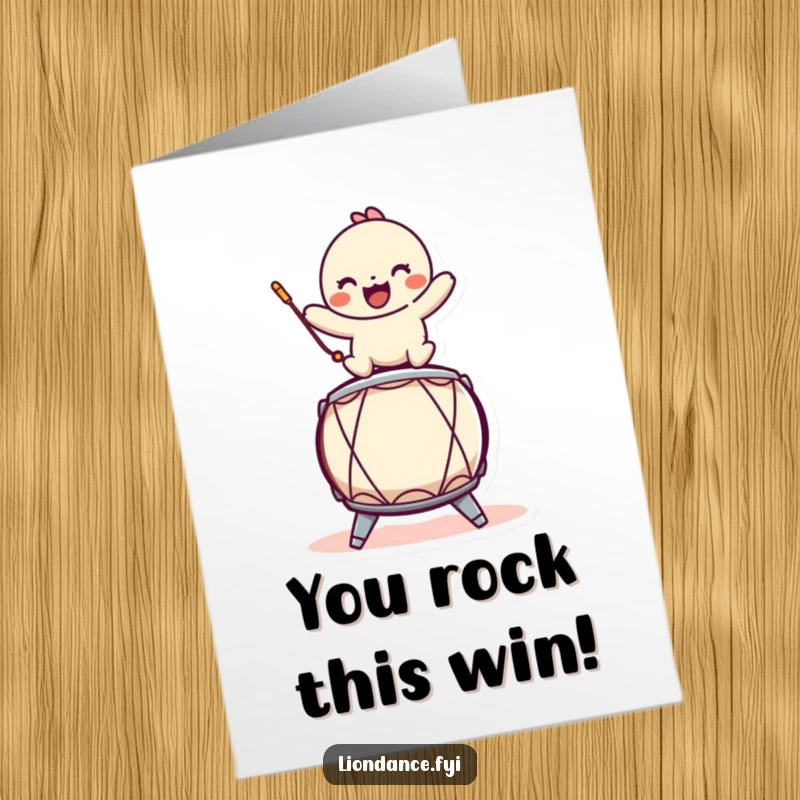 Funny Free Printable Congratulations Card: A playful character enthusiastically drumming on a stylized drum to celebrate success.