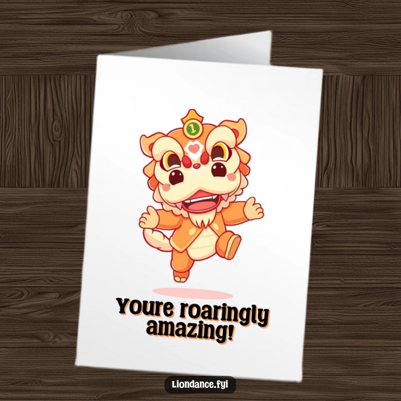 Funny Free Printable congratulations card showing a cheerful lion dance character executing a lively, joyful leap.