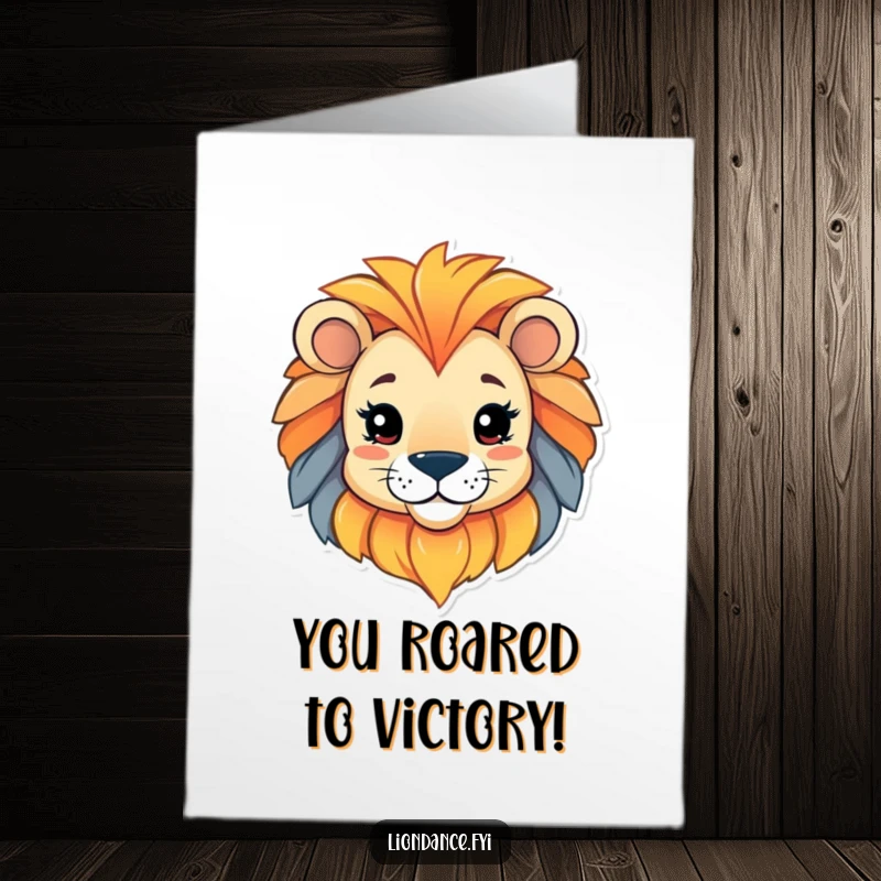 Funny Free Printable congratulations card showing a playful character curiously peeking from inside a brightly colored lion head.