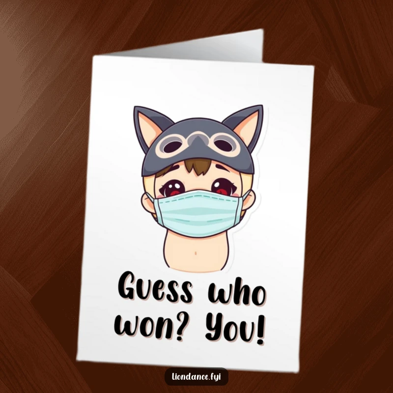 Funny Free Printable Congratulations Card: A delighted character in a mask curiously peeking, ready to celebrate a secret win.