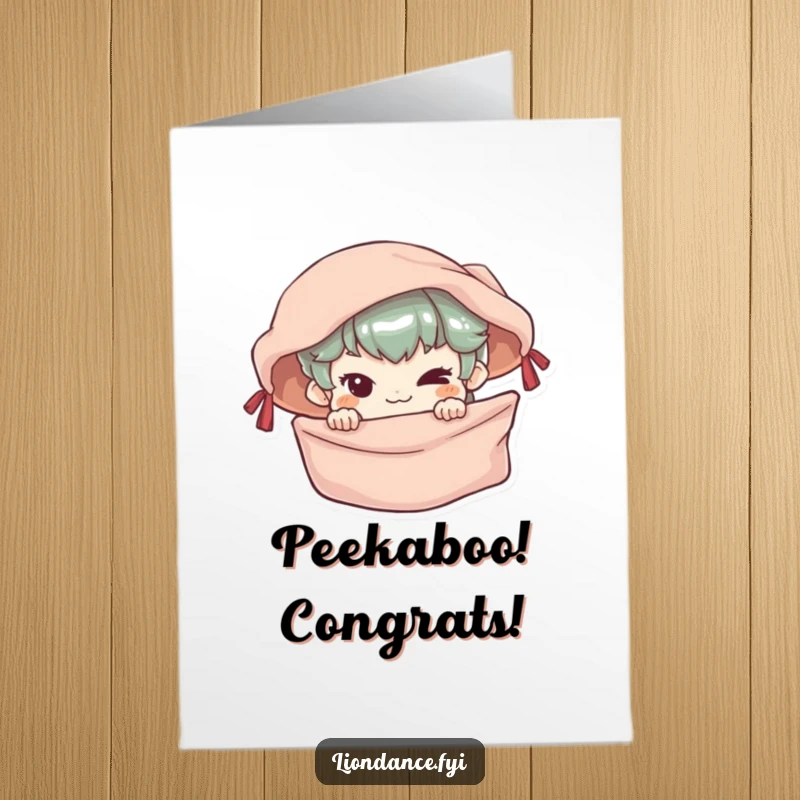 Funny free printable congratulations card showing a character with a mischievous grin, peeking from behind a decorative banner.