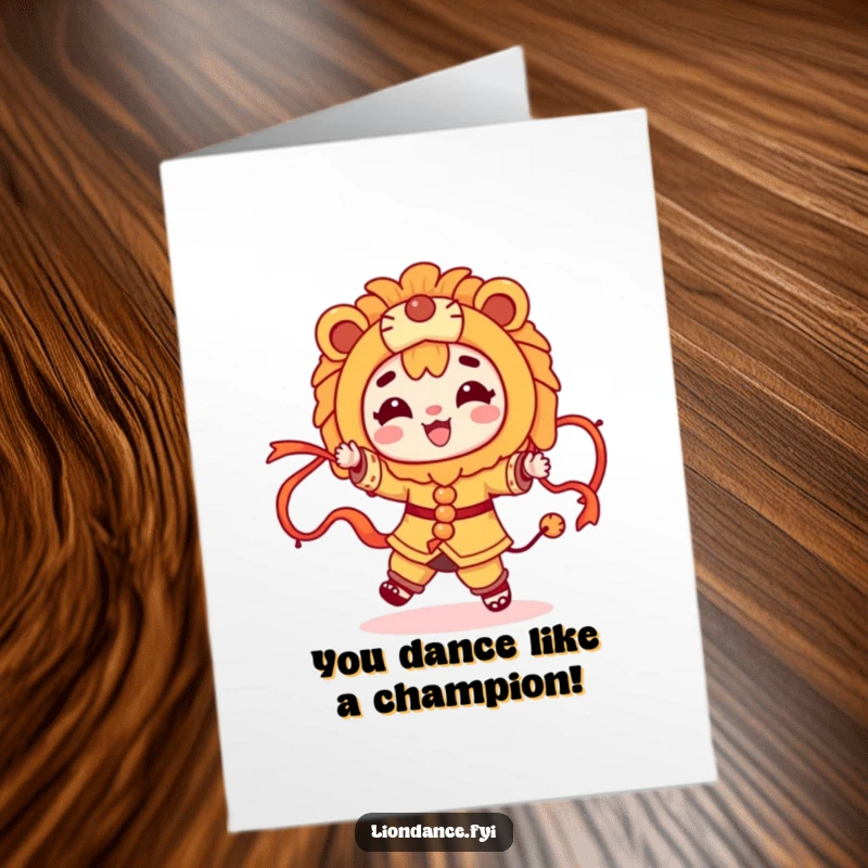 Funny Free Printable Congrats Card: A character joyfully dancing, adorned in a lion costume with flowing ribbons.