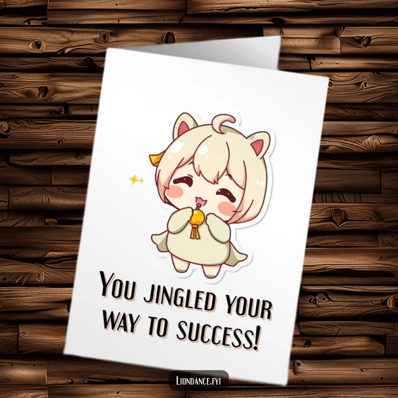 Funny free printable congratulations card showing a jester character energetically shaking a toy to celebrate achievements.