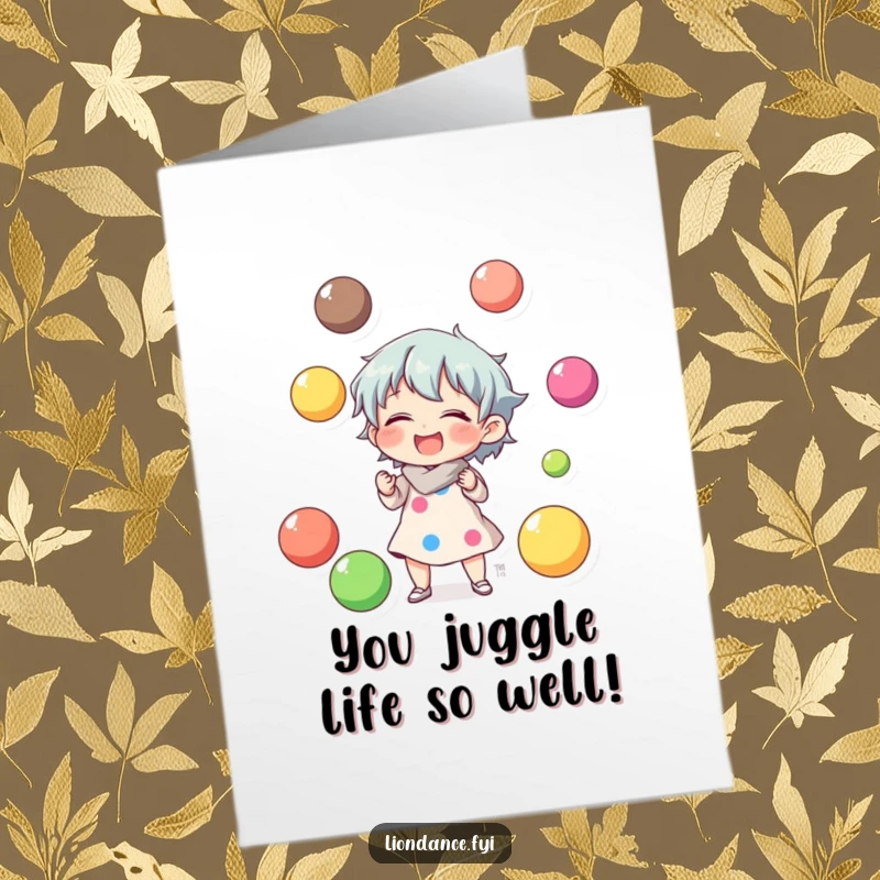 Funny Free Printable Congratulations Card: A happy character juggles colorful balls, laughing joyfully, ideal for celebrating success.