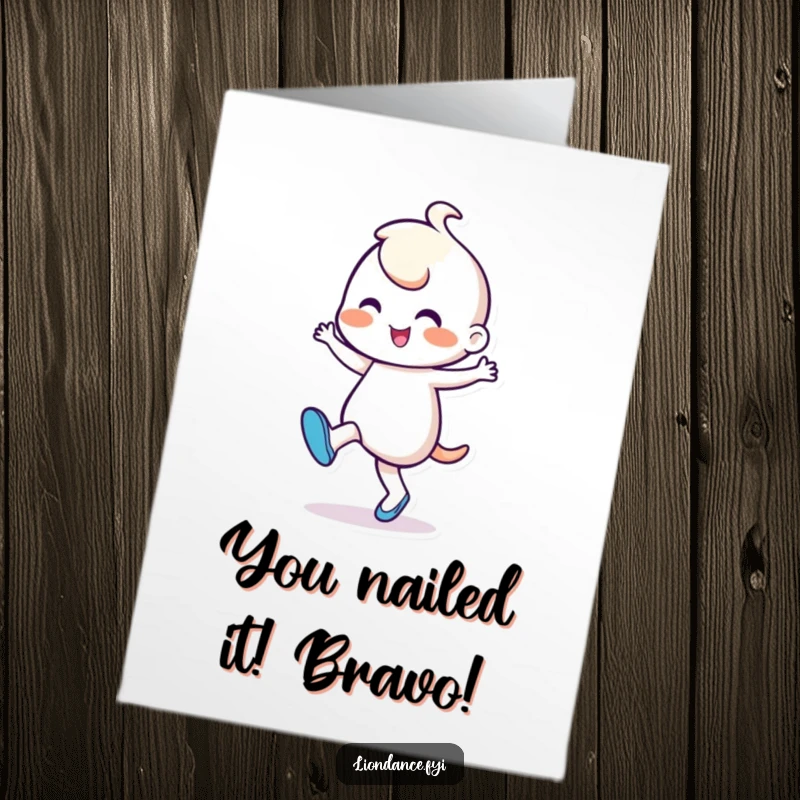 Funny Free Printable Congratulations Card: Cheerful character tapping foot rhythmically, celebrating success with a joyful dance, downloadable.