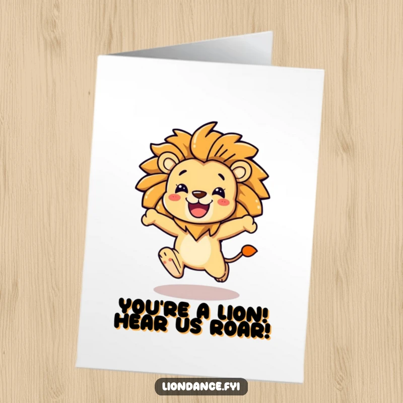 Funny Free Printable Congrats Card: A character mid-leap, exuding confidence with a stylized lion mane.