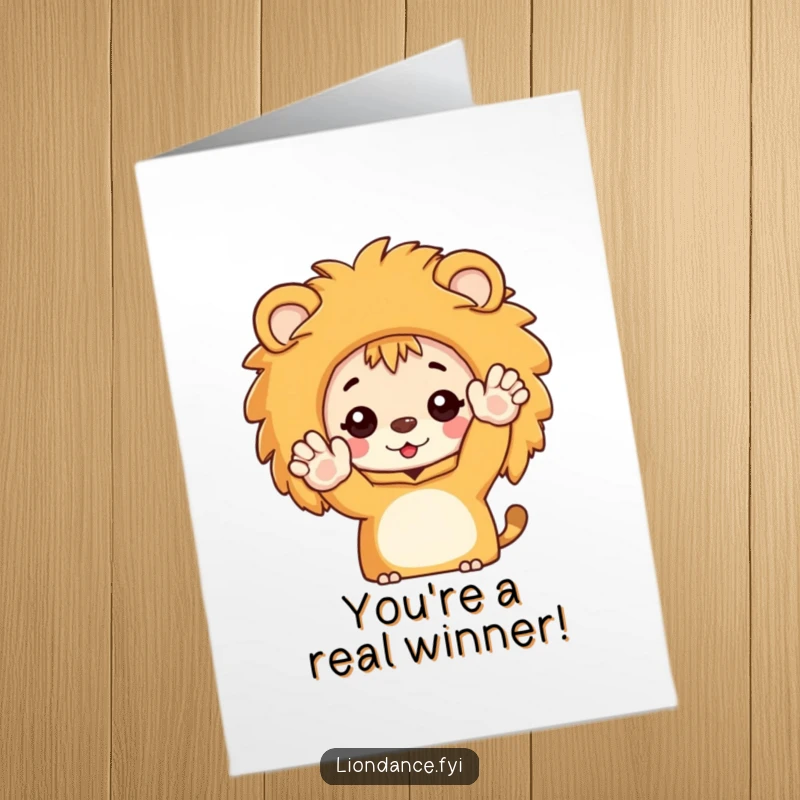 Funny Free Printable Congrats Card: Character enthusiastically waving from inside a lion costume, celebrating a grand success.