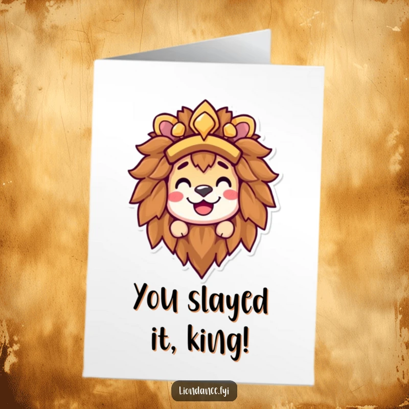 Funny Free Printable Congratulations Card: Character grins from a lion headdress, celebrating a big win with wild enthusiasm.