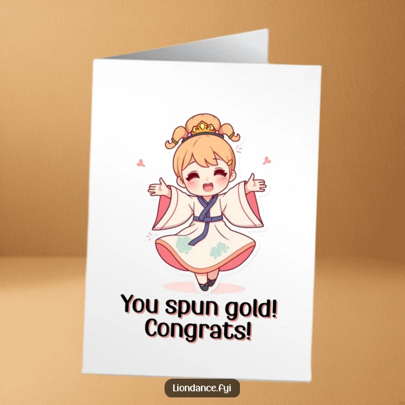 Funny Free Printable Congratulations Card: Character in a flowing costume captured mid-celebratory spin, radiating pure happiness.