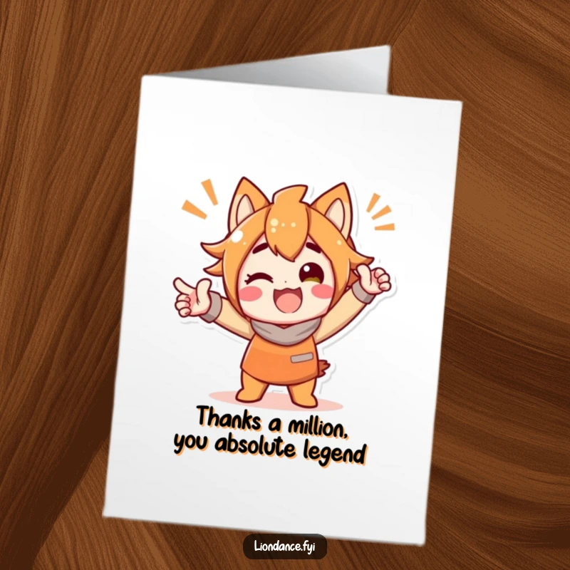 Funny Free Printable Thank You Card: Delighted character striking a bold celebratory pose, conveying thanks with a humorous and memorable flair.