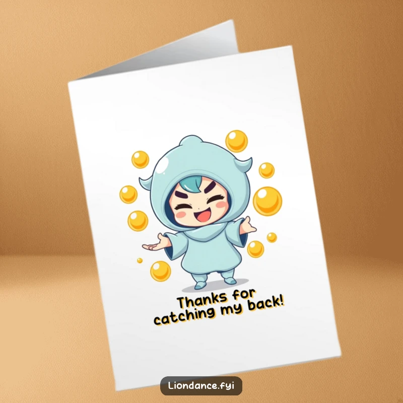 Funny Free Printable Thank You Card: A mischievous character impressively juggles golden orbs, conveying thanks with impressive flair.
