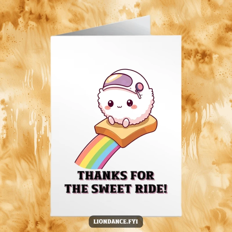Funny Free Printable Thank You Card: Fluffy creature in a helmet slides down a rainbow on toast, offering thanks with flair.