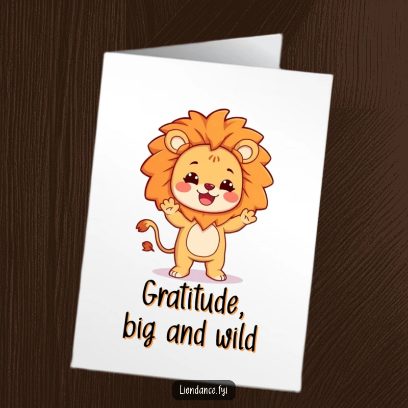 Funny Free Printable Thank You Card: A smiling character dressed as a lion performs a wonderfully silly, happy dance of thanks.