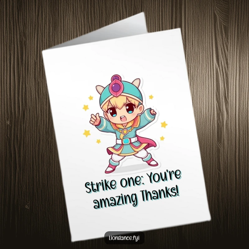 Funny Free Printable Thank You Card: A character in a colorful costume striking a memorable and grateful dynamic pose.