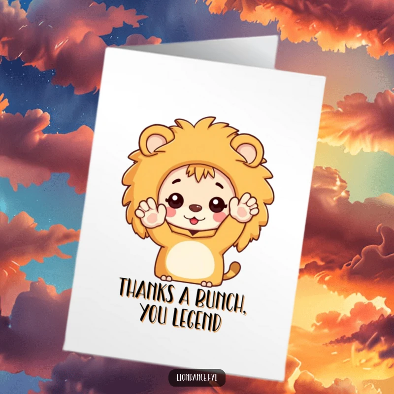 Funny Free Printable Thank You Card: Character peeking out of a lion costume, giving a big, enthusiastic wave of thanks.